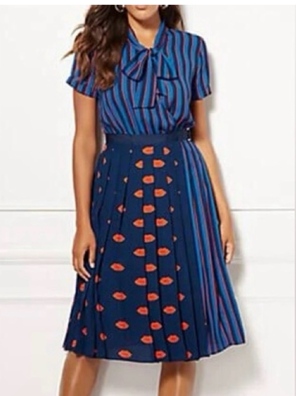 eva mendes for New York & Company Navy Blue Striped & Lip-Print Midi Dress